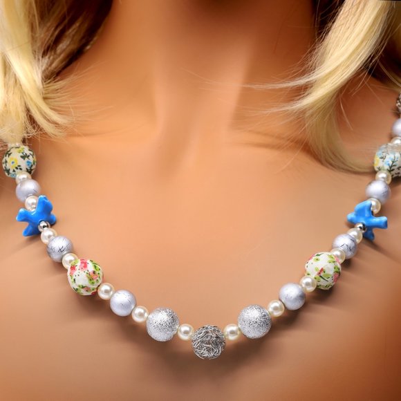 My Bead Emporium Jewelry - Long necklace with ceramic blue birds.